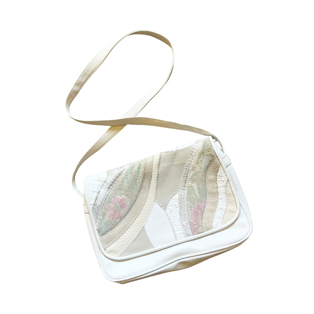 Vtg Leather Patchwork Shoulder Bag White Pastel Floral Cottagecore Grannycore
